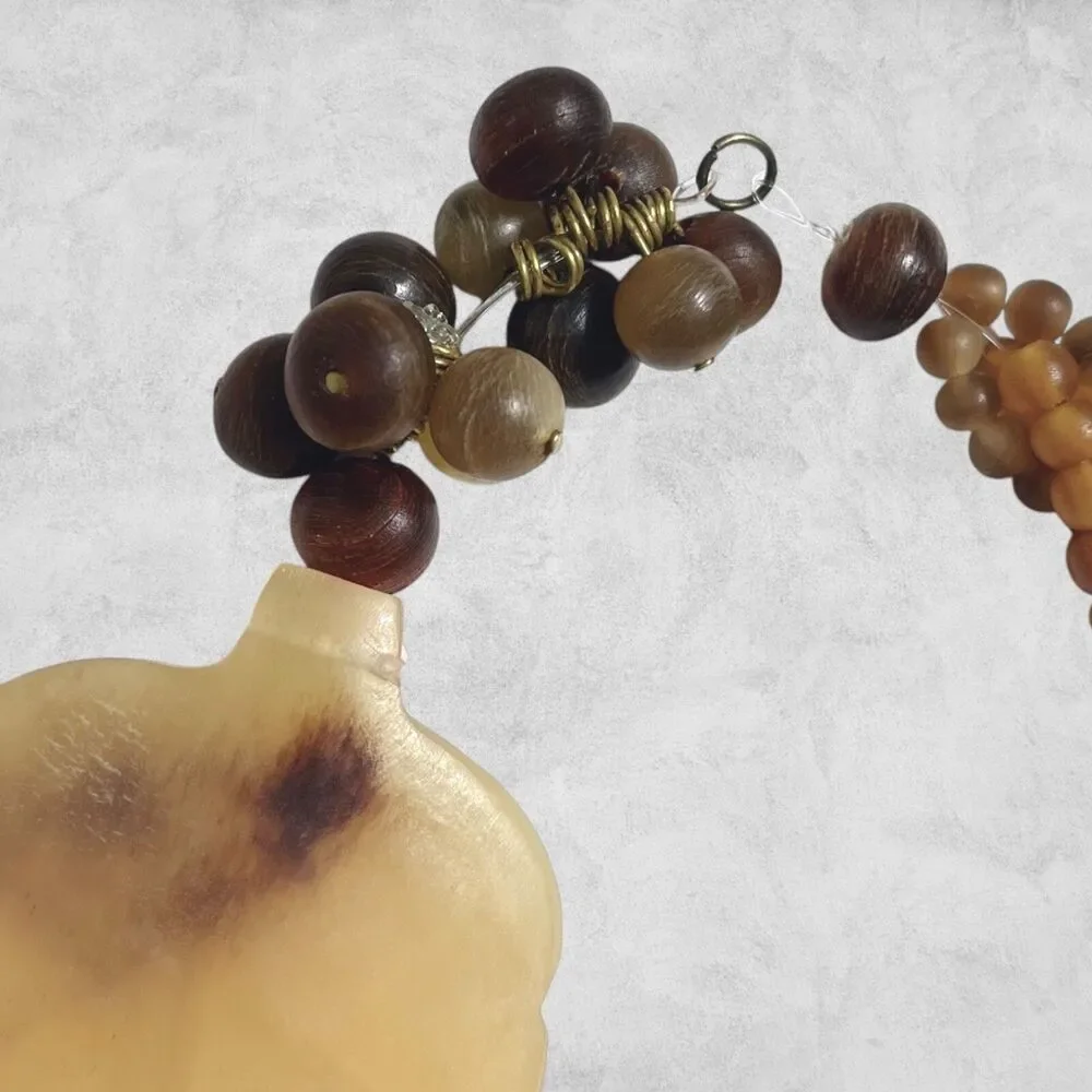 Vintage Baltic Amber Statement Necklace Brown Beige Leaf Pendant Twist Beaded